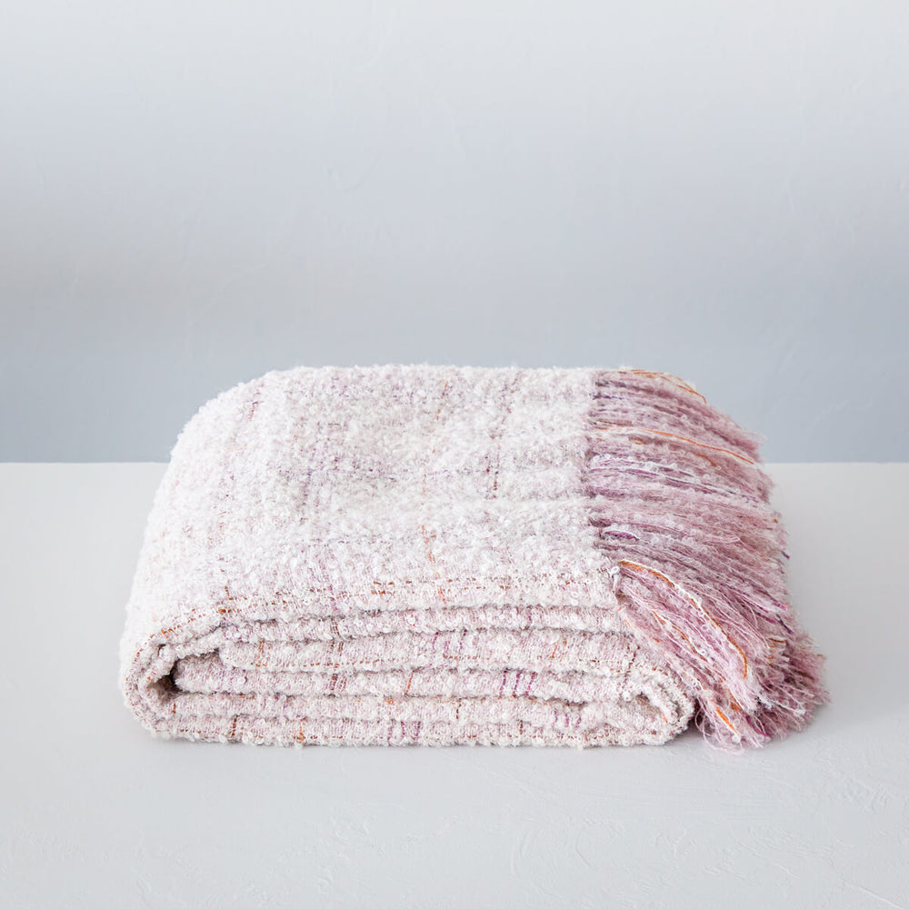 
                  
                    Handwoven Fairkind chunky pink alpaca throw with fringe hypoallergenic.
                  
                