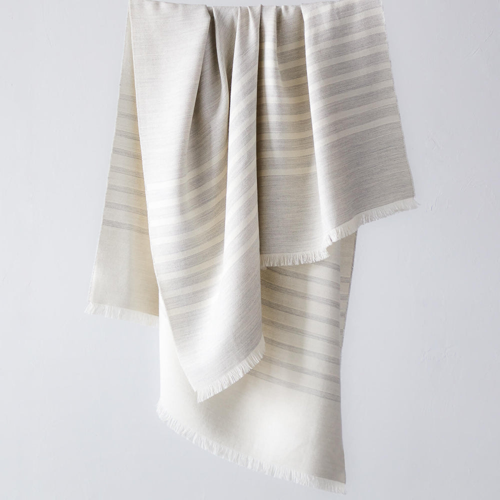 Fairkind Santiago alpaca throw blanket in gray with white stripes and contrasting sides modern design handwoven in Peru.