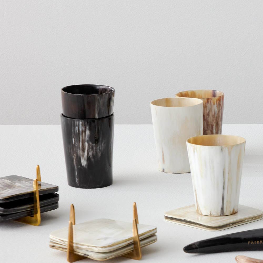 
                  
                    Ankole horn collection Fairkind tumblers and coaster handcrafted and ethically sourced in Uganda.
                  
                