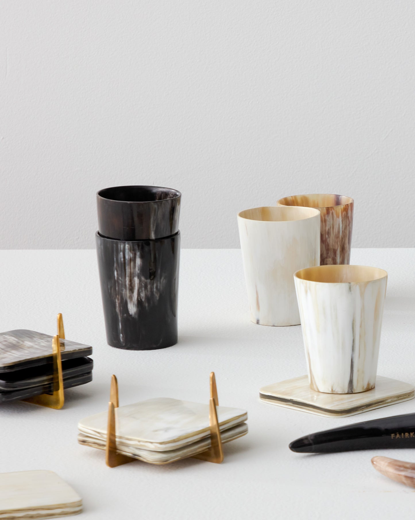
                  
                    Ankole horn collection Fairkind tumblers and coaster handcrafted and ethically sourced in Uganda.
                  
                