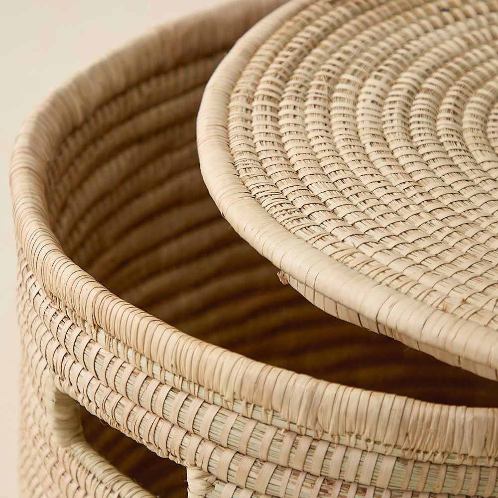 
                  
                    Detail of lidded storage basket. Handwoven with ilala palm.
                  
                