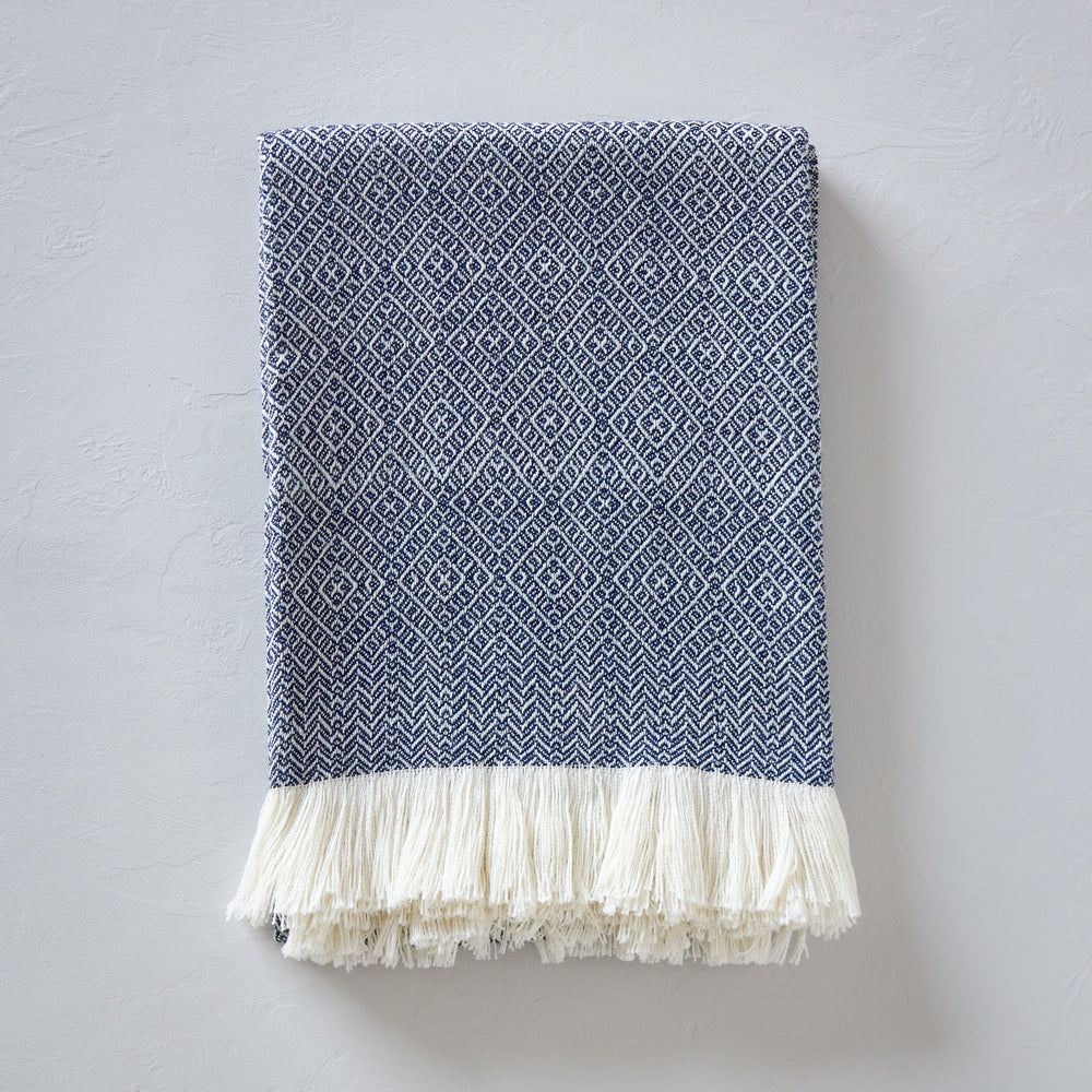 
                  
                    Folded Pacifica navy blue and white luxury baby alpaca throw blanket gift handwoven and hypoallergenic.
                  
                